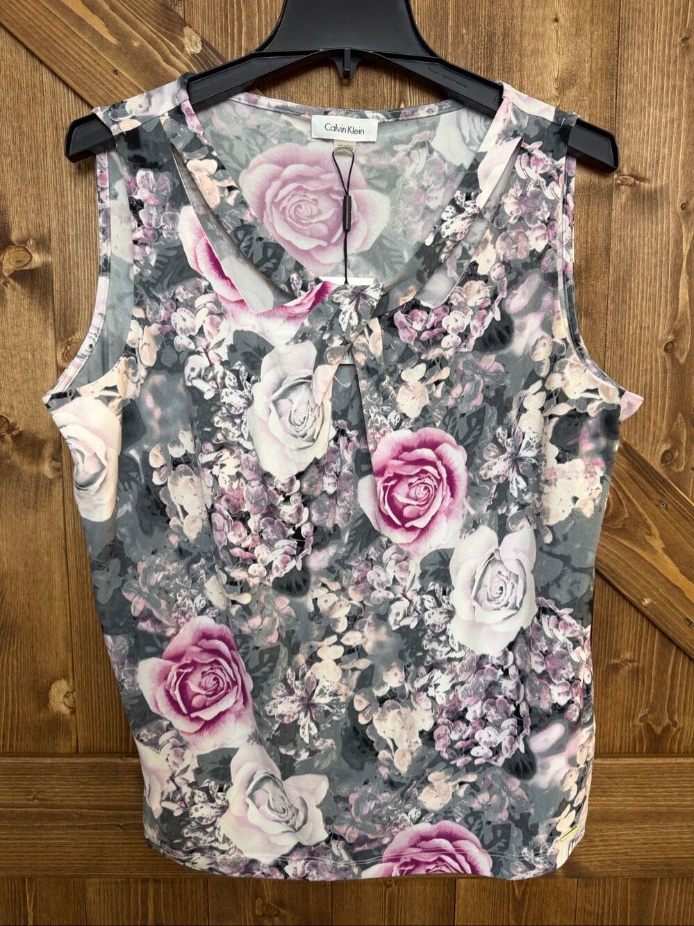 Calvin Klein Women’s Gray Pink Floral Sleeveless Keyhole Blouse NWT Size XL (929